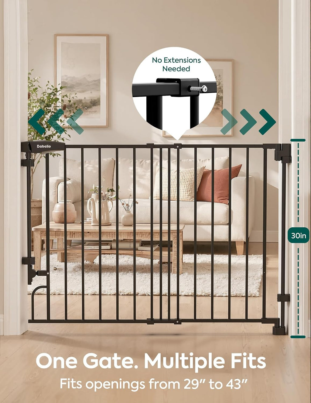 Babelio Removable Baby Gate for Stairs No Bottom Bar, 29-43", 30" H, Black