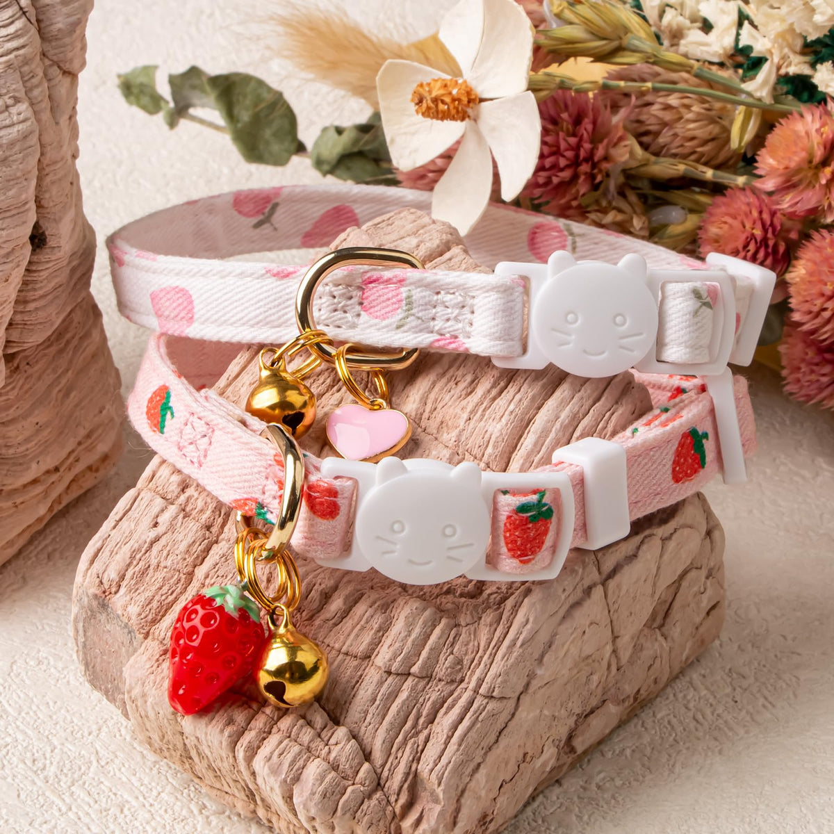 2 Pack Cotton Cat Collar Pink Strawberrie White Heart Cute Kitten Collar