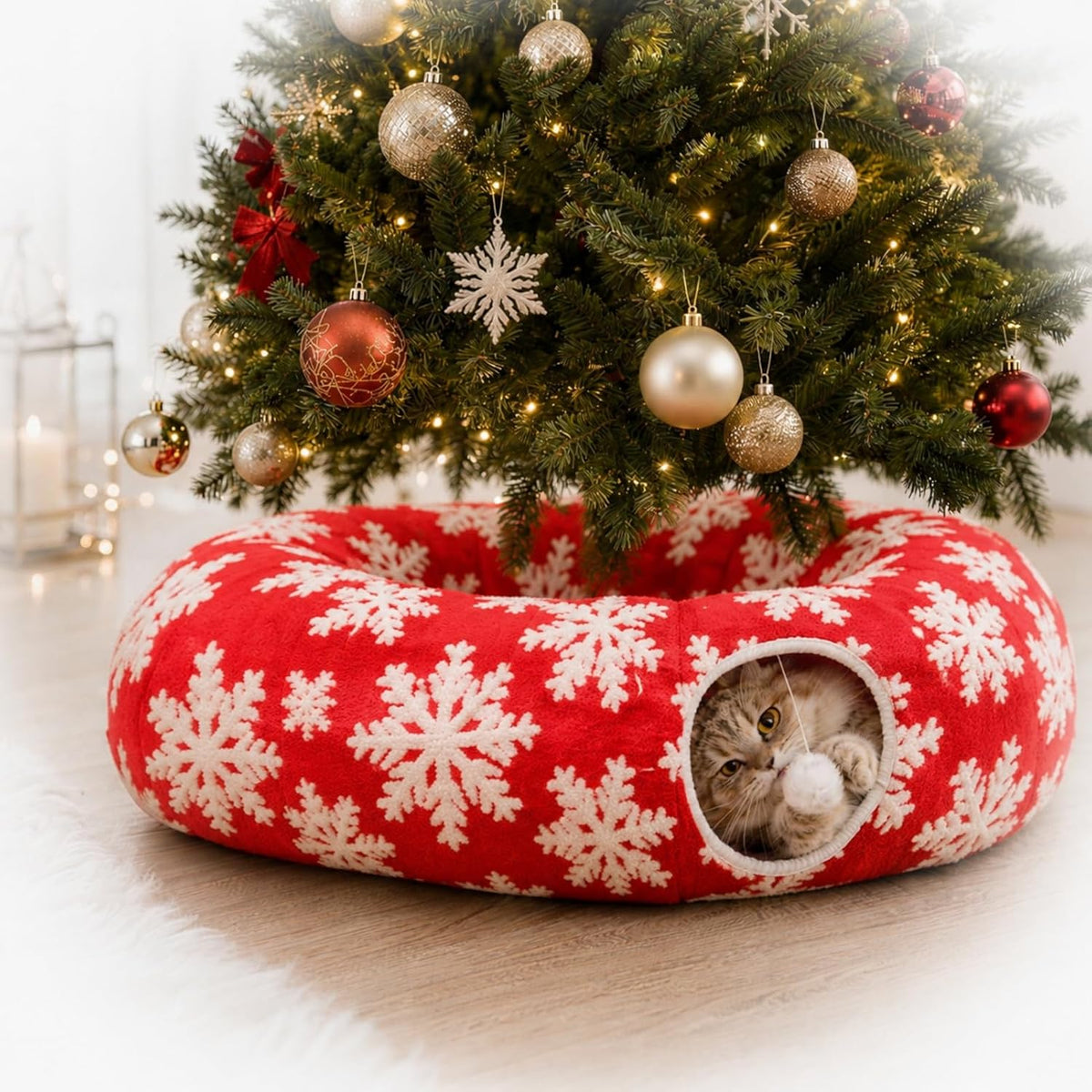 35.4" Christmas Cat Tunnel Bed, Plush Cat Cave & Tree Skirt