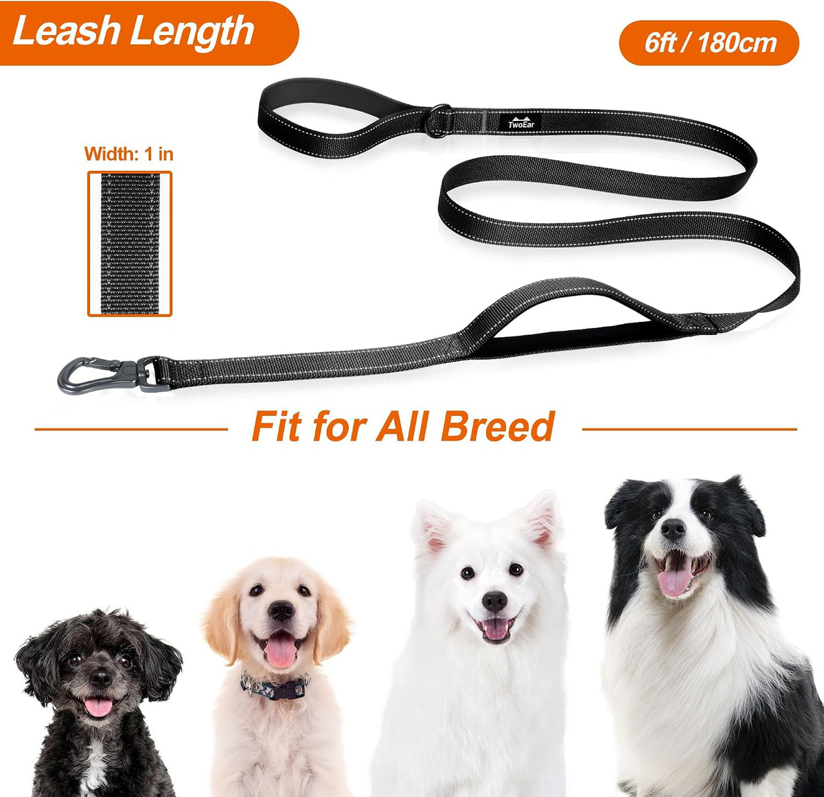 6FT 1IN Heavy Duty Dog Leash for Large Dogs with 2 Padded Handles
