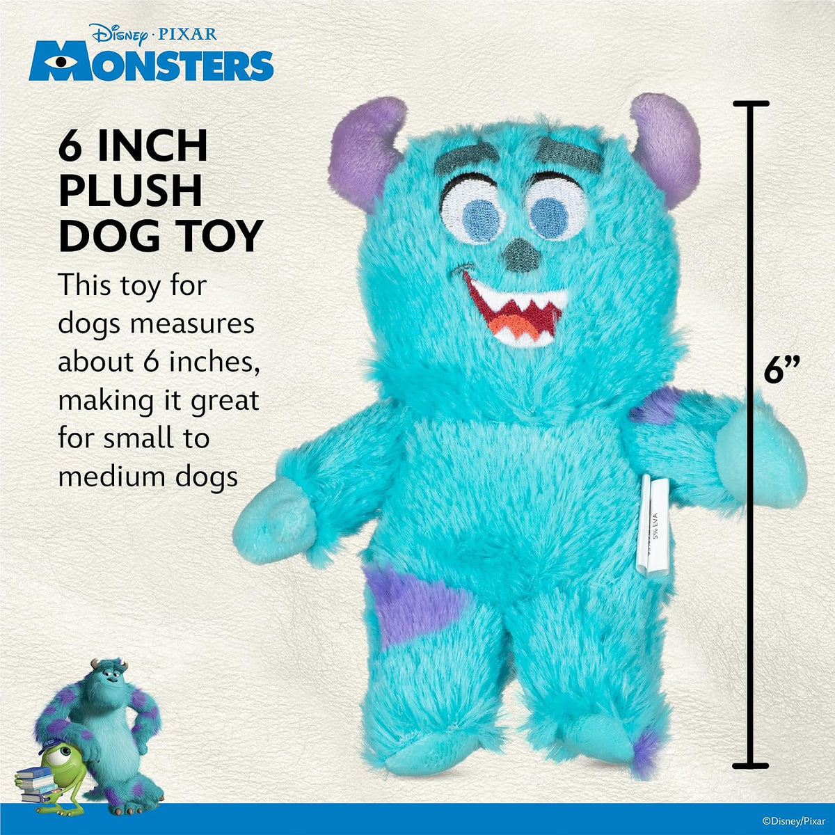 Disney Dog Toys, Monsters Inc Plush - Sully Squeaker Toy, 6 Inches