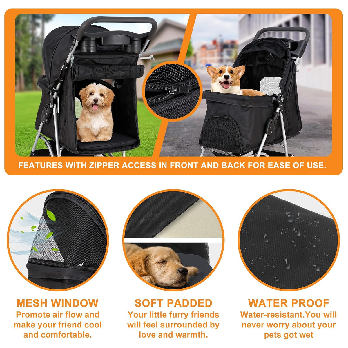 4 Wheels Pet Stroller Dog Cat Stroller for Small Medium Dog Cats Foldable Carrier Jogger Travel Puppy with Storage Baske
