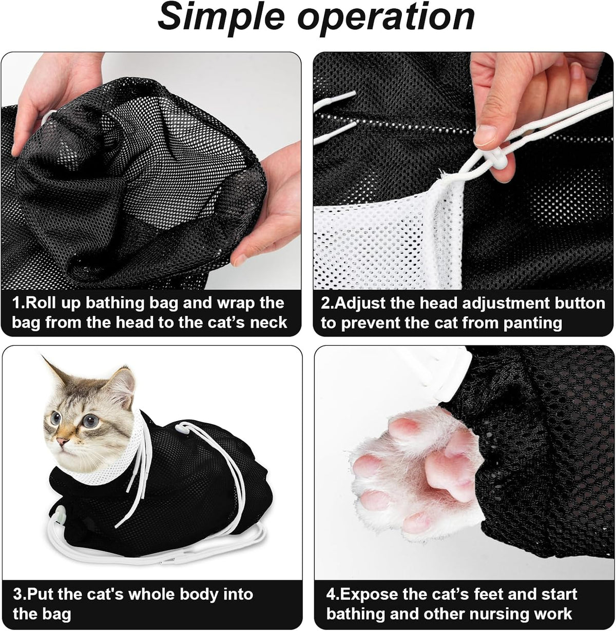 Cat Bathing Bag, Breathable Mesh Cat Shower Bag Anti Scratch Adjustable Grooming Washing Bag for Nail Trimming Soft Poly