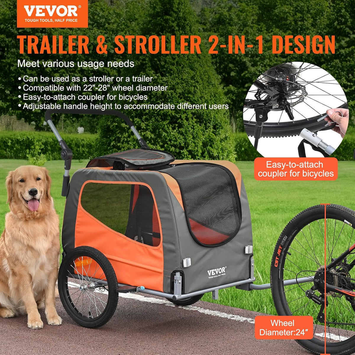 VEVOR Dog Bike Trailer, Supports up to 66/88/100 lbs, 2-in-1 Pet Stroller Cart Bicycle Carrier, Easy Folding Cart Frame 