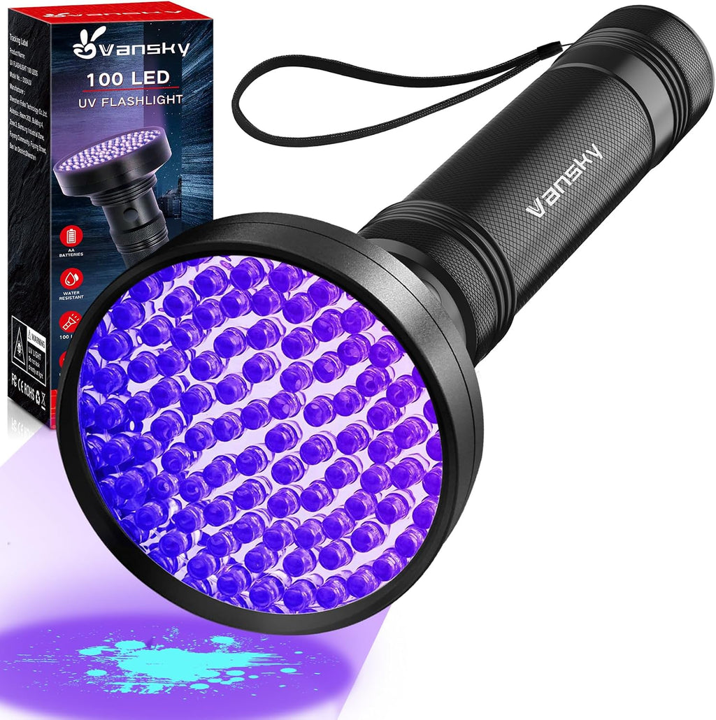 Vansky Black Light UV Flashlights, Ultra Bright 100 LED 395nm Ultraviolet Blacklight Detector for Dog Cat Pet Urine, Dry