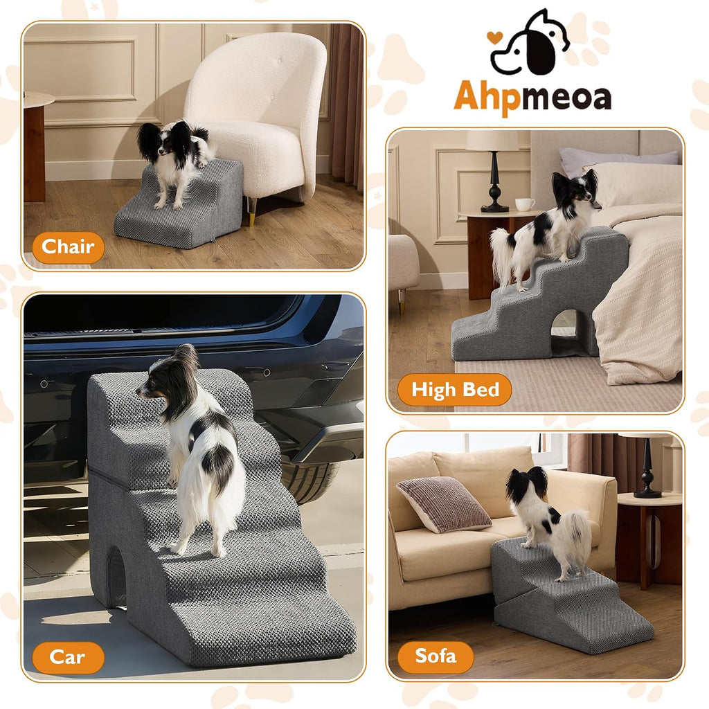 Dog Stairs for Bed 23'' H, 5-Step Dog Steps for High Bed, Grey