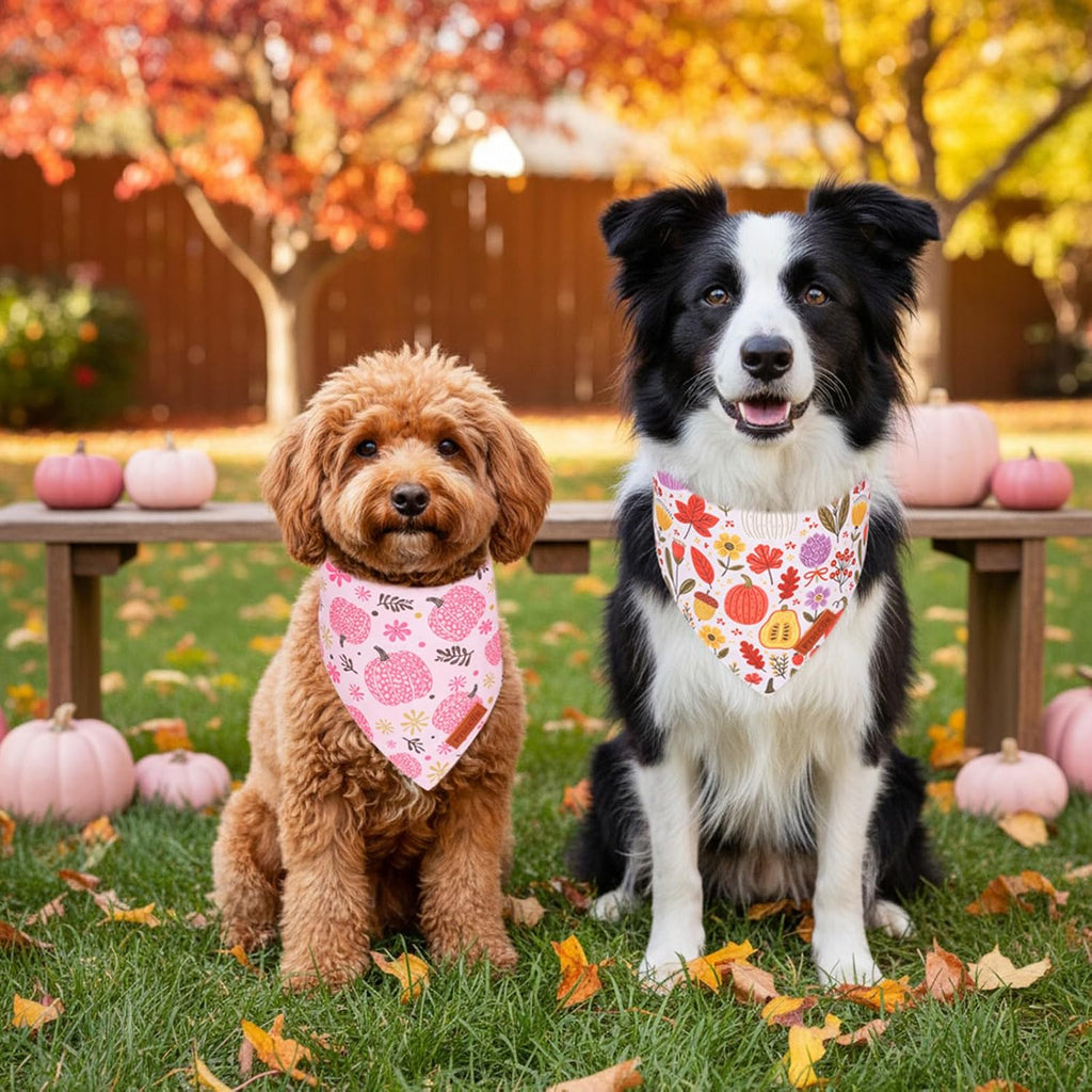 PTDECOR Pink Fall Dog Bandanas, Floral Pumpkin Fall Pet Scarf, Large