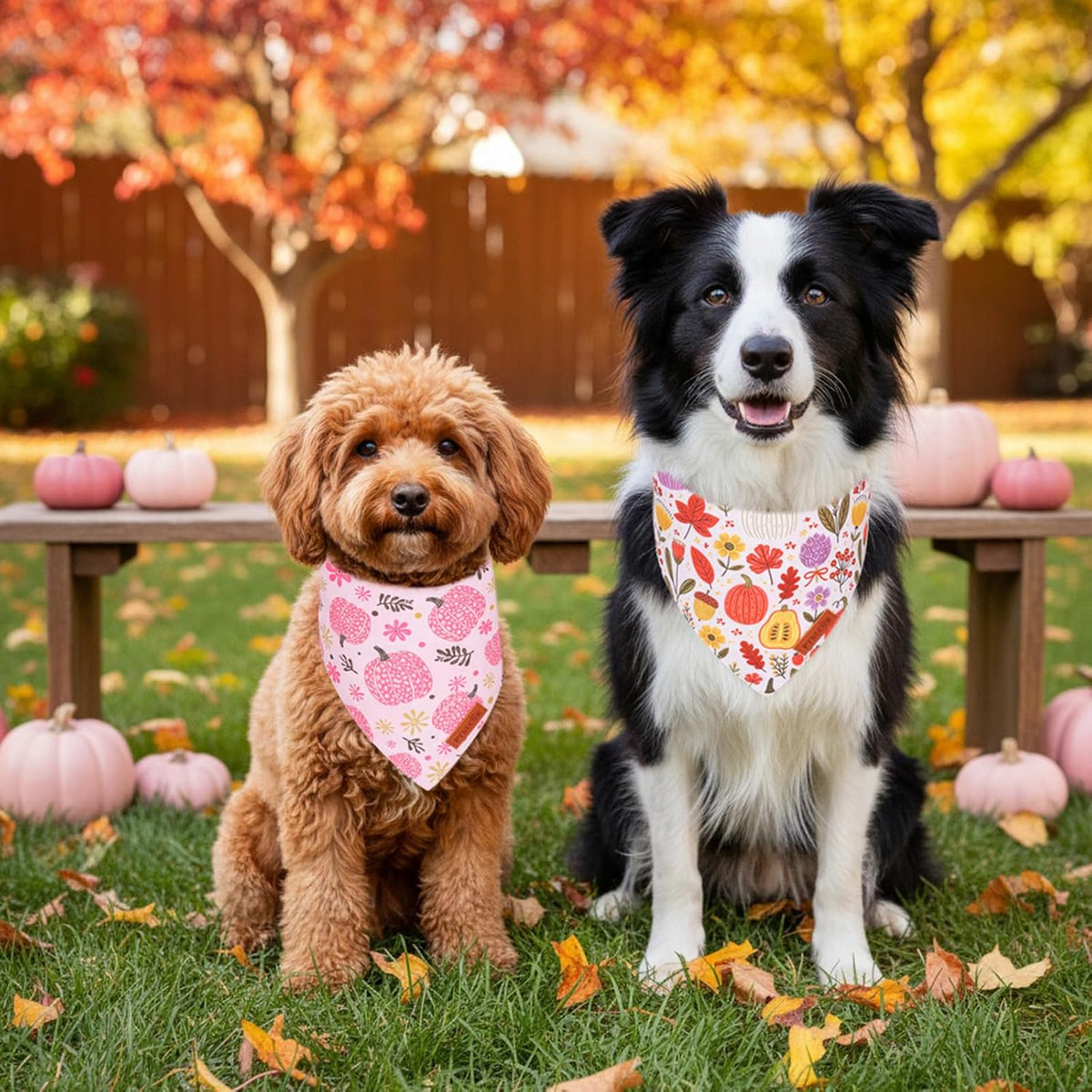 PTDECOR Pink Fall Dog Bandanas, Floral Pumpkin Fall Pet Scarf, Large