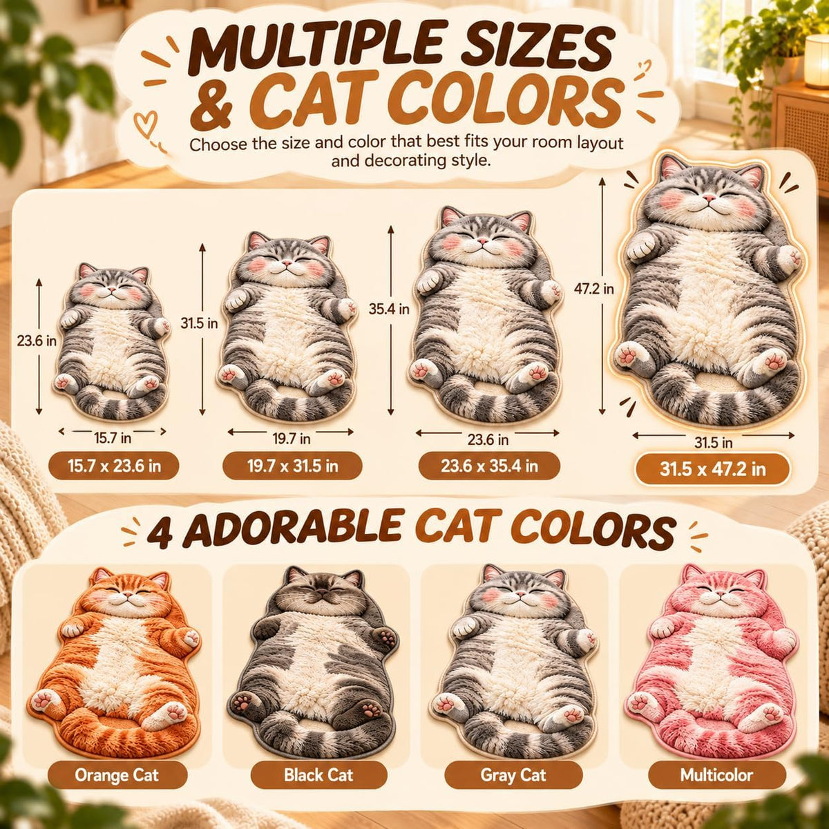 31.5 * 47.2in 3D Cozy Cat Rugs, Plush Sleeping Cat Shaped Rug for Bedroom (Style B, 15.7 × 23.6in)