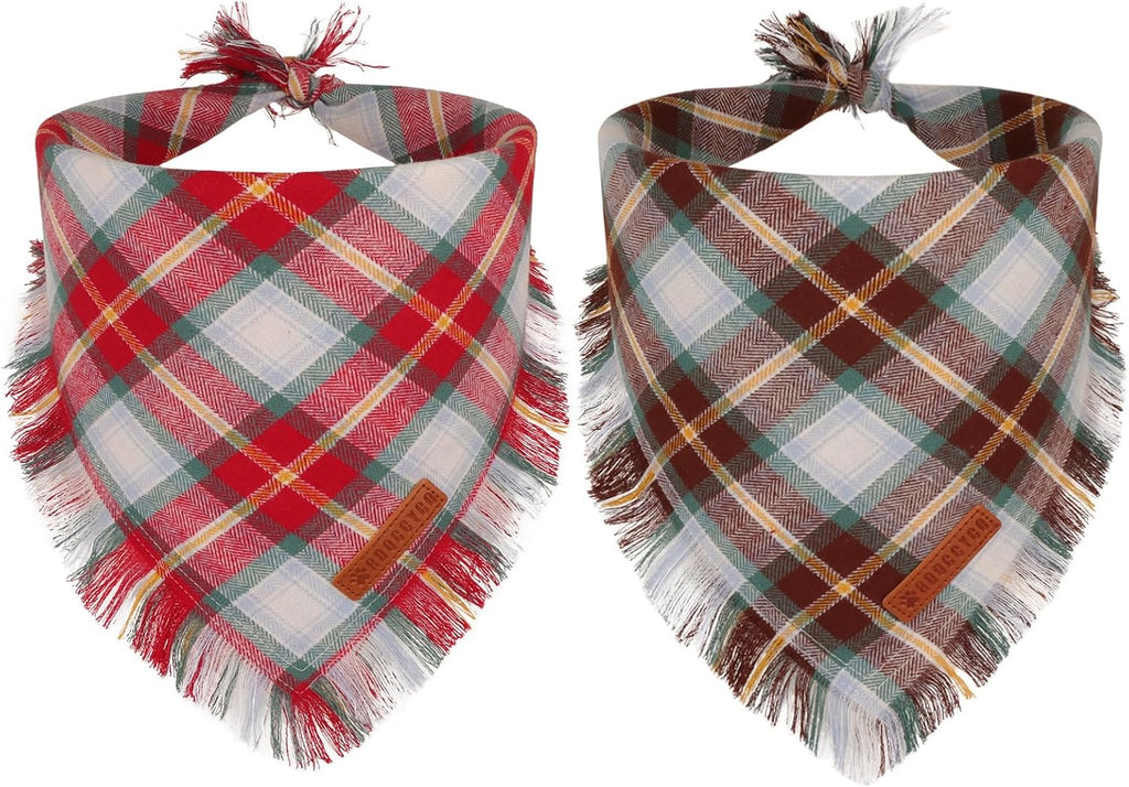 Fall Dog Bandanas with Fringe, Red Brown Plaid Dog Scarf, Large