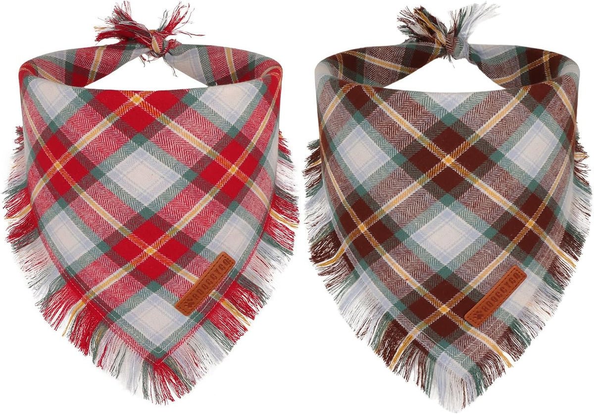 Fall Dog Bandanas with Fringe, Red Brown Plaid Dog Scarf, Large
