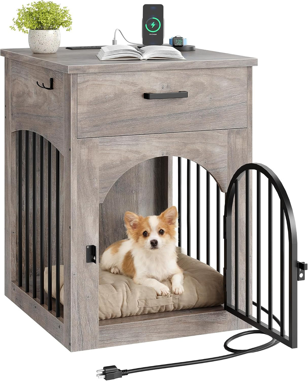 CHOEZON Dog Crate Furniture, Wooden Dog Kennel with Charging Station and Storage Drawer, Indoor Pet Crate End Table for 