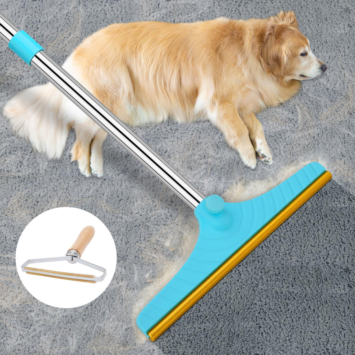 Eaersan Carpet Rake for Pet Hair Removal, Dog Cat Hair Remover 60'' Blue