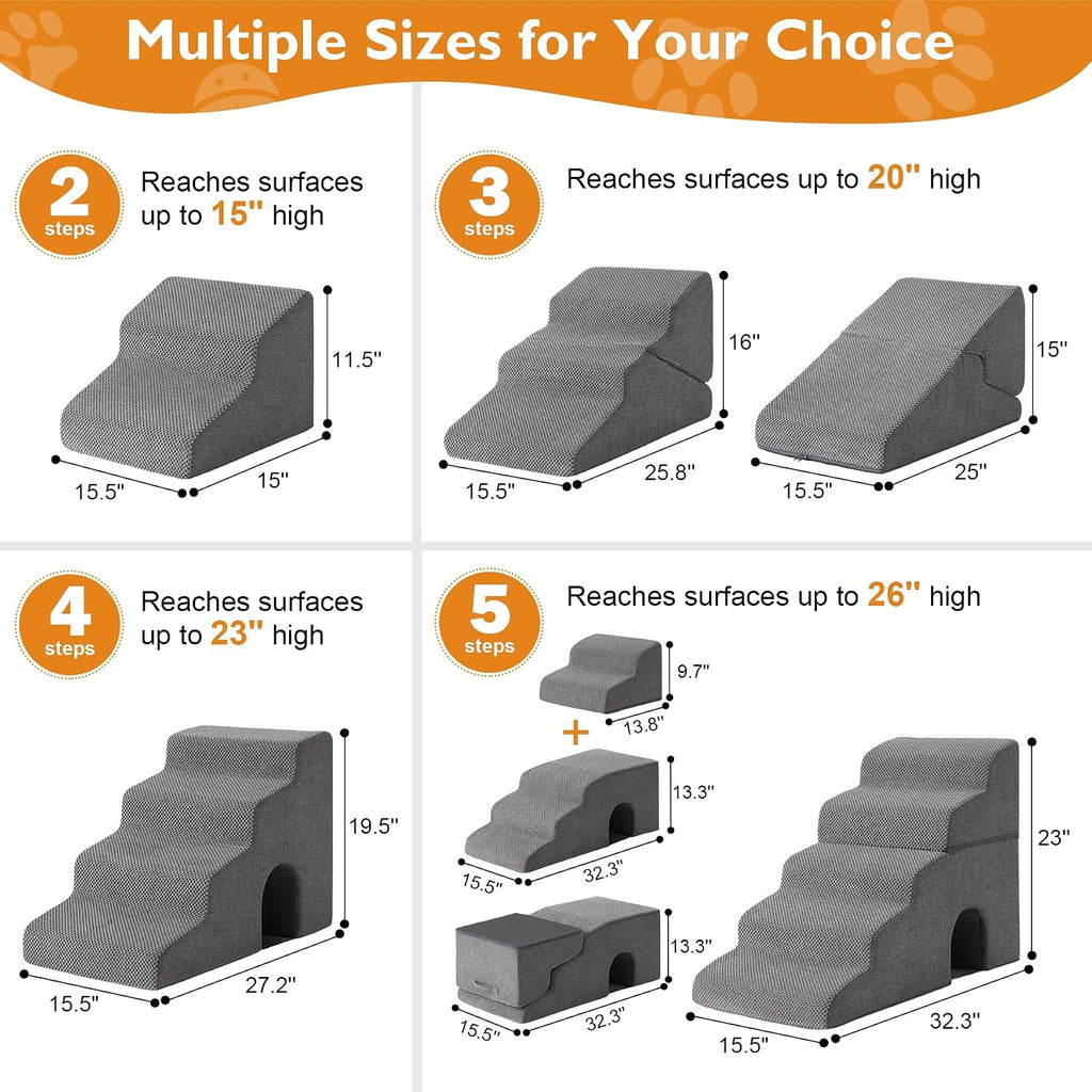 Dog Stairs for Bed 23'' H, 5-Step Dog Steps for High Bed, Grey