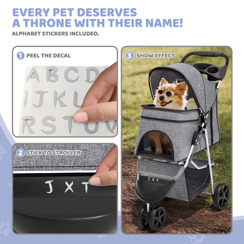 Magshion 3-Wheel Pet Stroller for Small/Medium Dogs Cats, Up to 33lbs, Gray