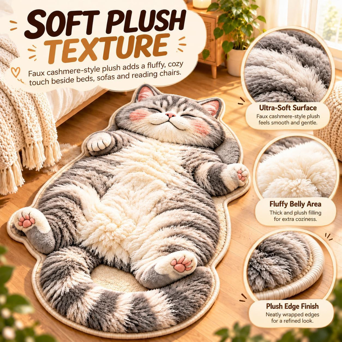 31.5 * 47.2in 3D Cozy Cat Rugs, Plush Sleeping Cat Shaped Rug for Bedroom (Style B, 15.7 × 23.6in)