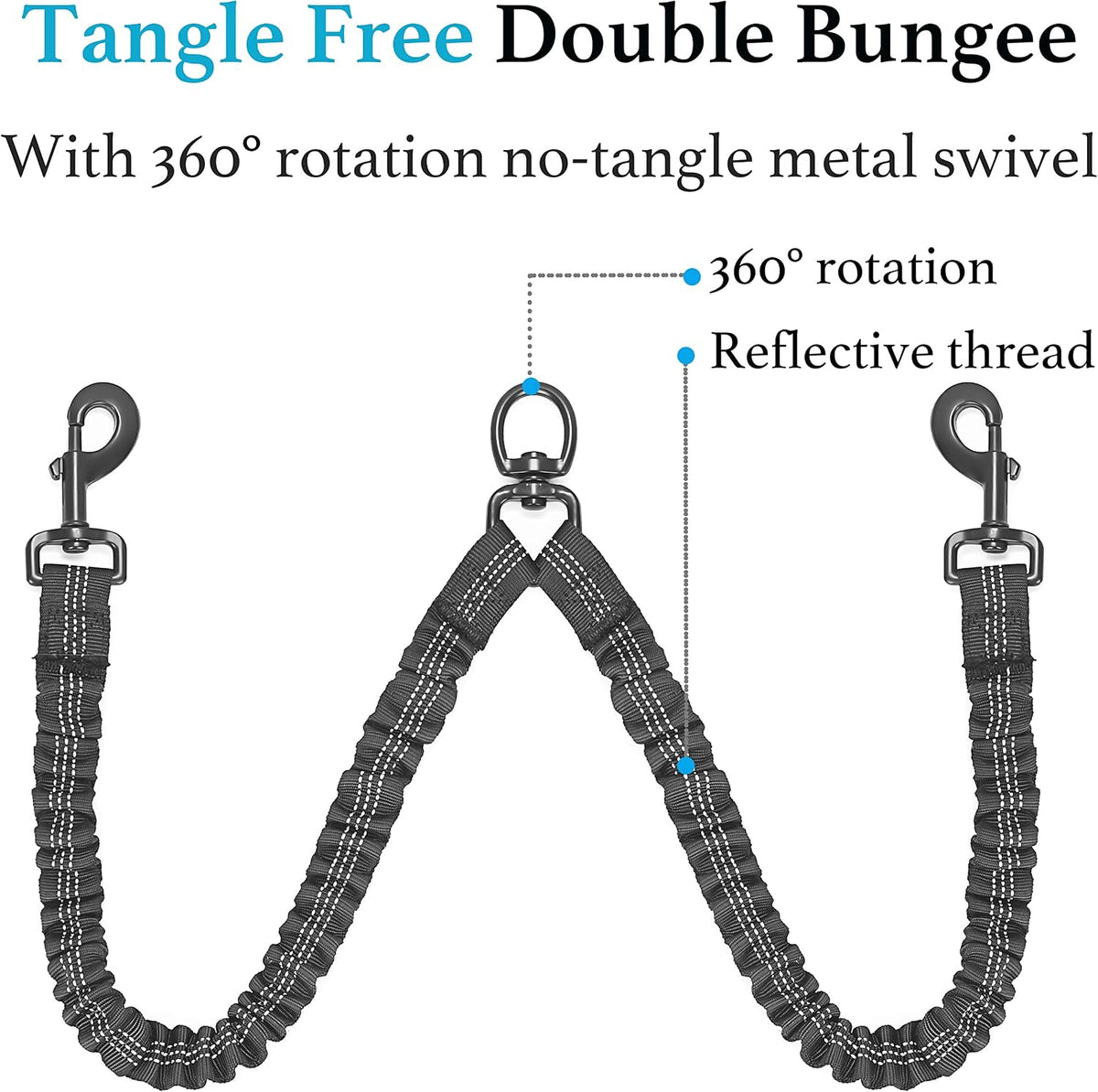 Double Dog Leash, 360° Swivel, No Tangle, Large, 25-150 lbs, Black
