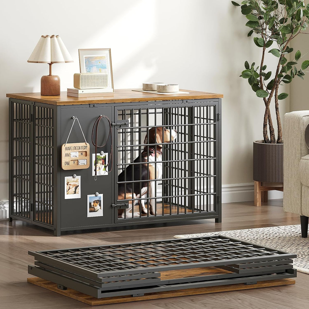 YATINEY Foldable Dog Crate Furniture, Dog Crate with DIY Frame, Heavy Duty Dog Kennel Indoor with Hooks, Wooden Dog Cage