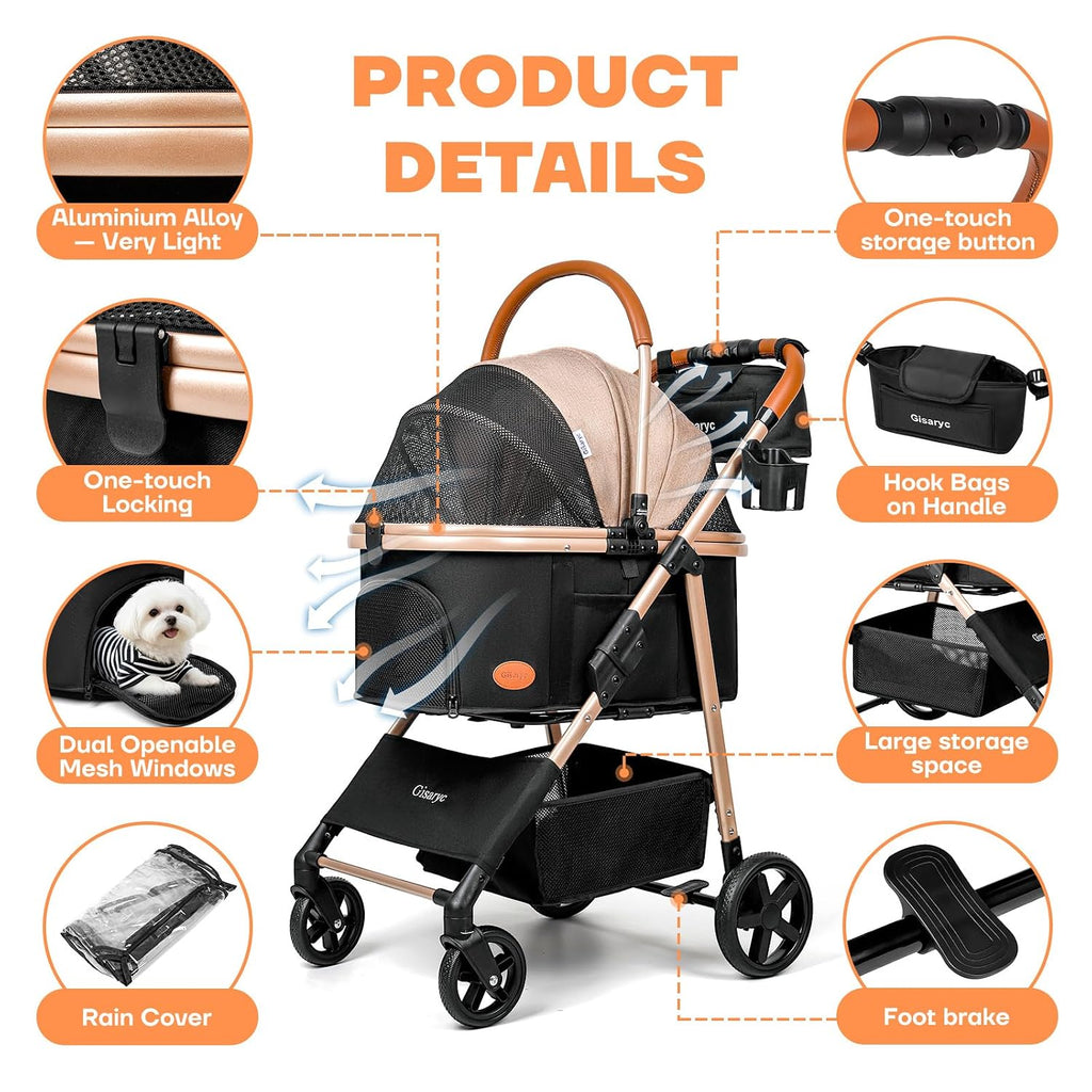 Dog Cat Stroller for Small/Medium Pets, 50 lbs, 3-in-1 Pet Stroller, Khaki