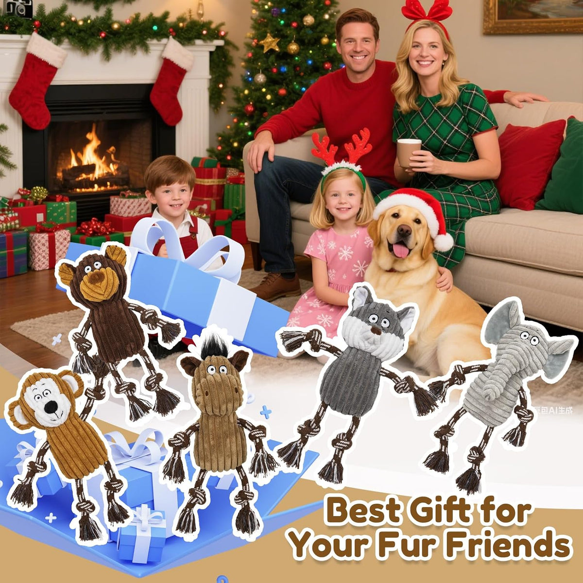 5 pack Large dog Squeaky Toys,Tough Stuffed Plush dog chew Toys Assortment ,Durable plush Animal dog Toys with Tug of Wa