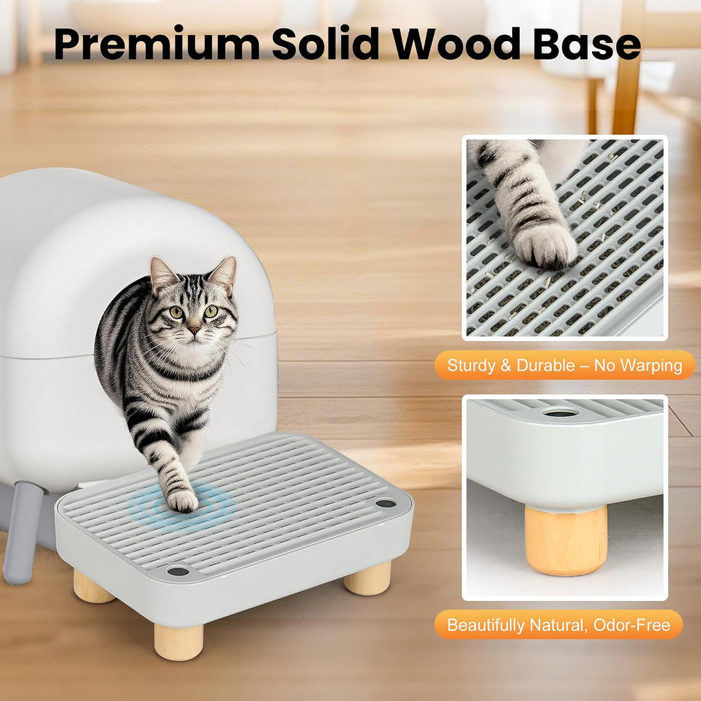 Litter Box Step, Litter Box Ramp/Catcher with Wooden Base, Anti-Tracking & Easy to Clean, Ideal for Small & Elderly Cats