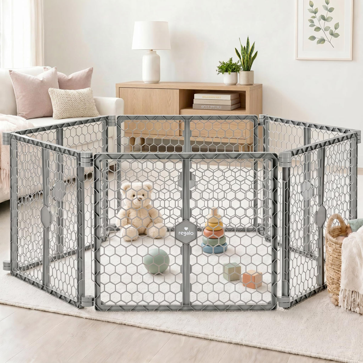 Regalo 192" 6-Panel Super Wide Plastic Baby Gate and Play Yard, Gray
