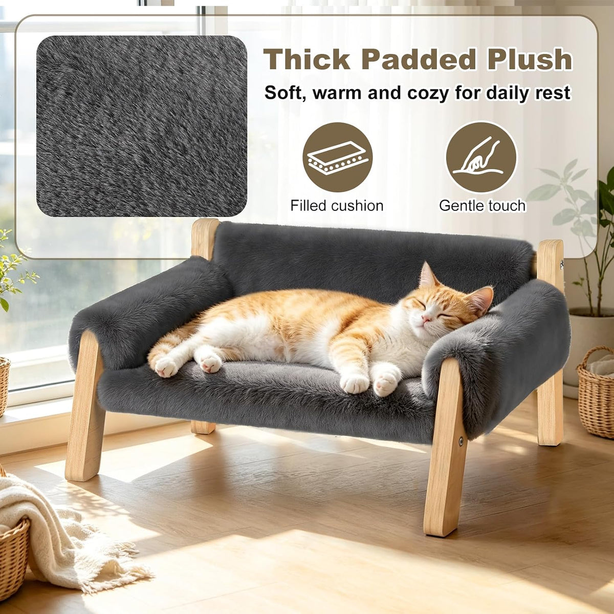 Elevated Cat Couch Bed for Indoor Cats - Wooden Cat Sofa with Removable Washable Cover, Cat Bed Furniture Raised Lounge 