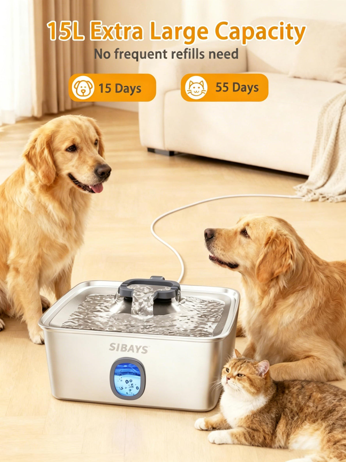 SIBAYS Large Dog Water Fountain, 4Gal/15L Large Capacity Stainless Steel Dog Water Bowl Dispenser for Large Dogs & Multi-Pet, Ultra Quiet Automatic Pet Water Fountain with Water Window& LED Light FS76