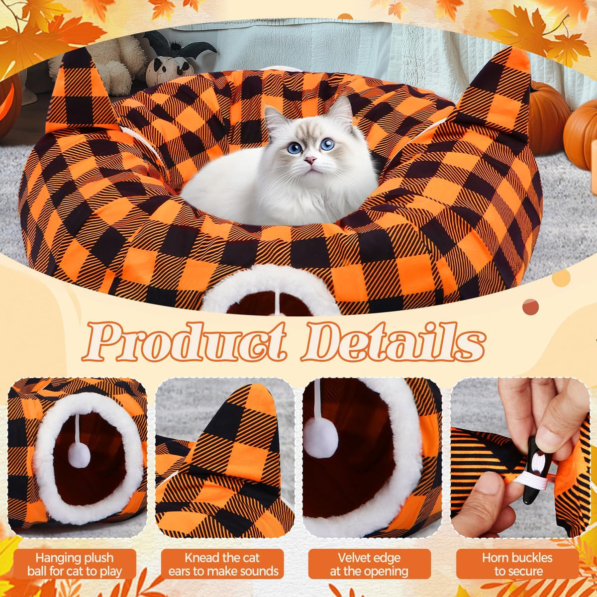 Thanksgiving Fall Cat Tunnel Bed, Cat Bed Cave Donut Tunnel for Indoor Cats