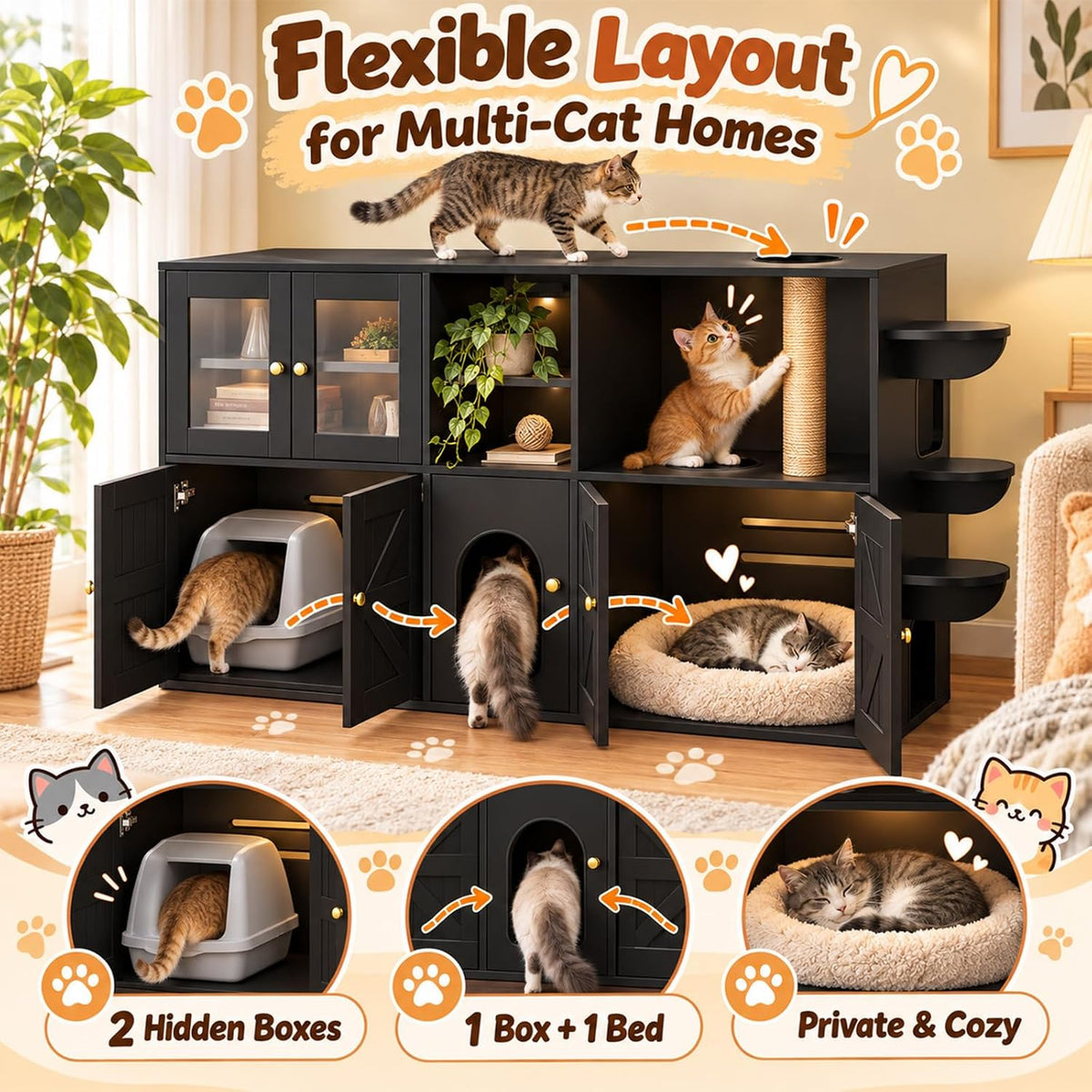 74" Double Cat Litter Box Furniture with Storage, Black