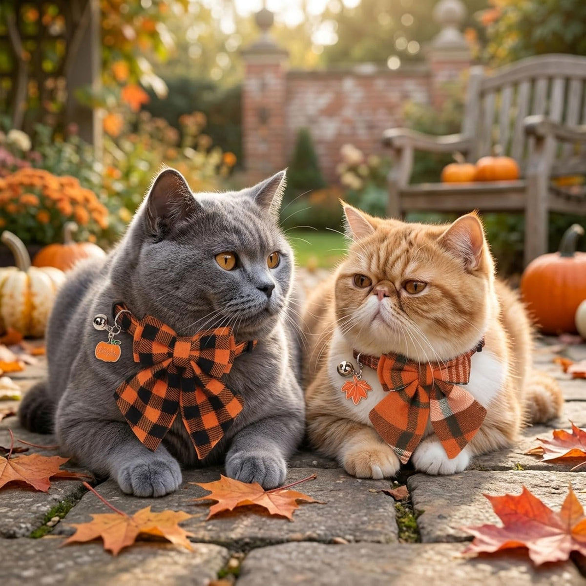 PTDECOR Fall Cat Collar with Stylish Bow, Thanksgiving Orange Plaid Collar