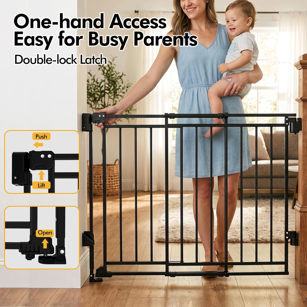 Baby Gate with No Bottom Bar, 29" H x 26.4-43" W, Black | Drill Required, Hardware Mounted, One-Hand Operation, Auto Clo