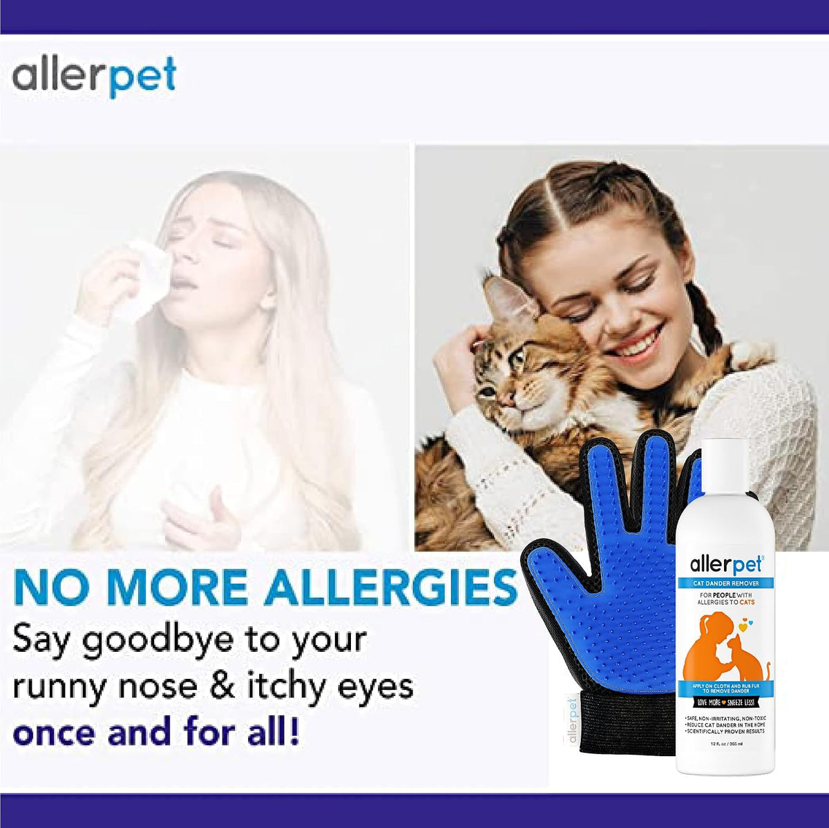 Allerpet Cat Dander Remover w/Free Pair of Grooming Gloves & Mitt (12oz)