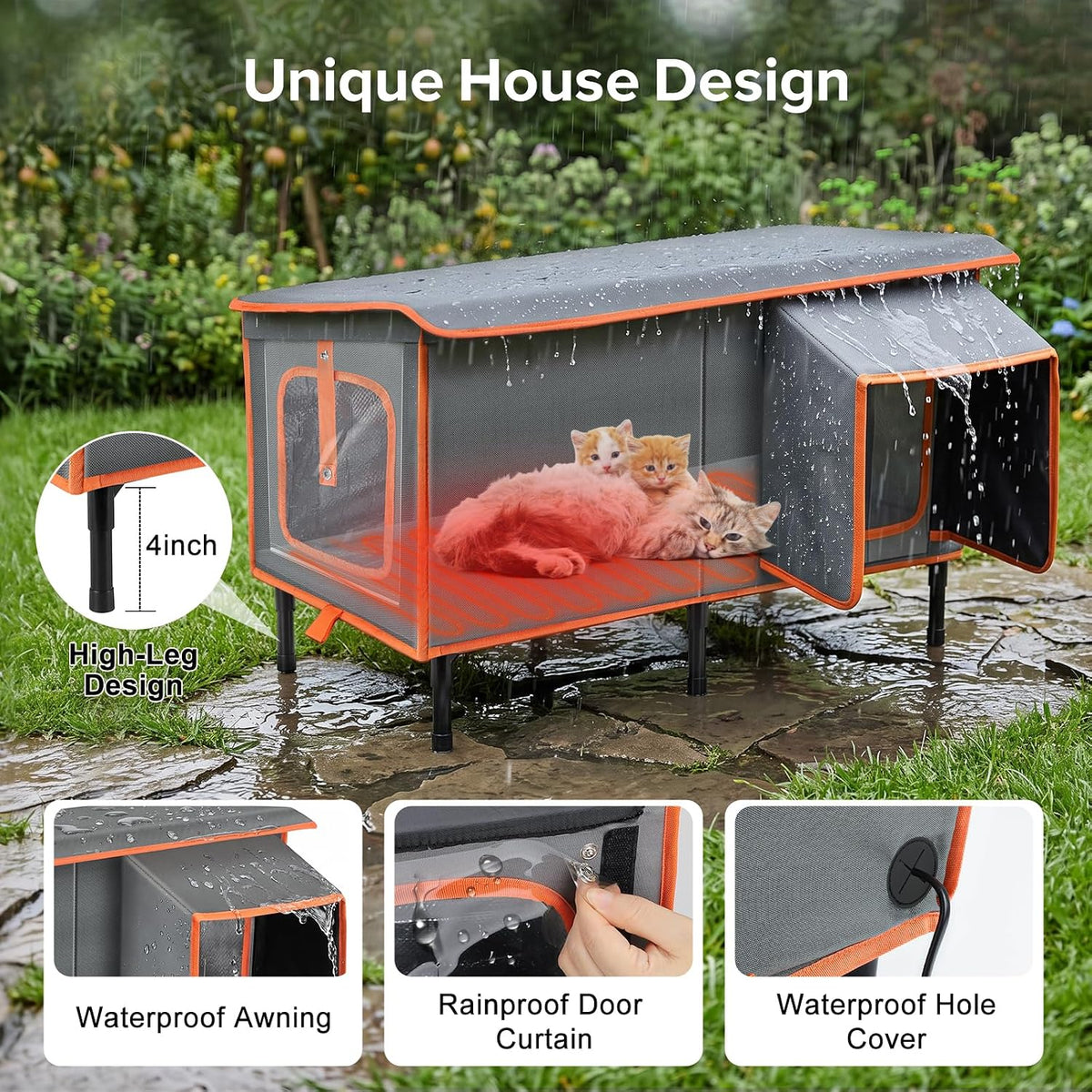 Heated Cat House for Outside in Winter, Weatherproof Outdoor Cat House with Cat Heating Pad, Waterproof &Safe Escape Doo