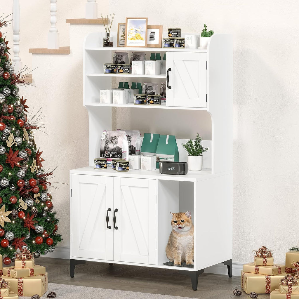 Tall Hidden Cat Litter Box Enclosure Cabinet - 4-Tier Storage Shelves, 2-Door Wood Cat Washroom Furniture, Indoor Cat Ho