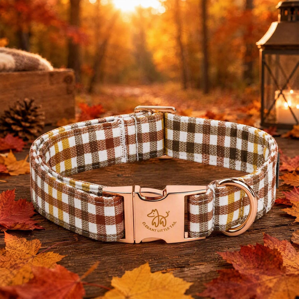 Fall Dog Collar, Autumn Pet Collar Durable Yellow Plaid Dog Collars Male or Female Holiday Pet Gift Adjustable Dog Colla