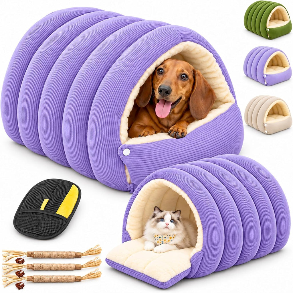 Upgrade Dog Cave Bed for Small Dogs and Cats, Covered Pet Bed with Plush Interior and Ribbed Exterior, Cozy Indoor Hidea