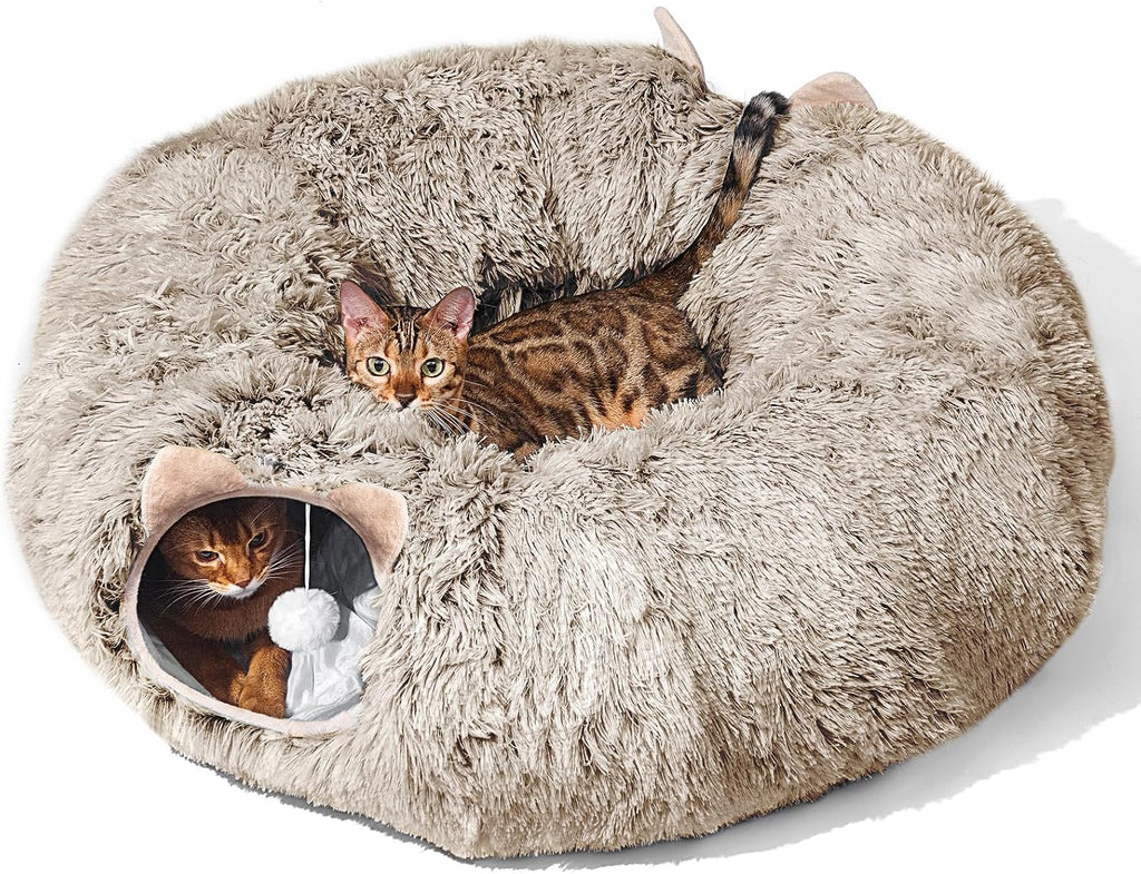 Cat Tunnel with Cat Bed for Indoor Cats, Under Christmas Tree Soft Plush Peekaboo Cat Cave Donut Tunnel, Multifunctional
