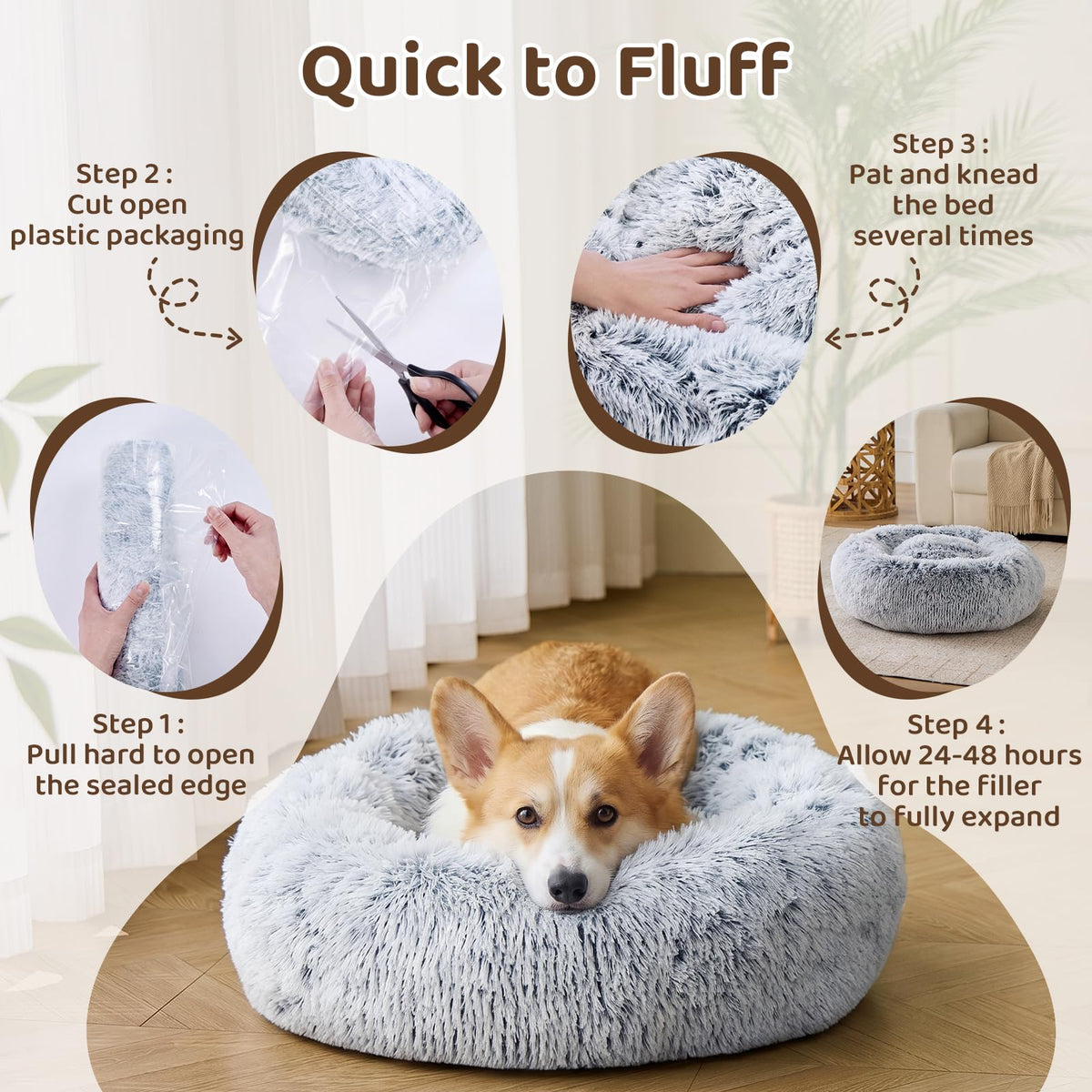 JOLLYVOGUE Small Dog Bed, Calming Soft Anti-Anxiety Donut Cat Bed, Washable Round Fluffy Cushion for Small and Medium Pets (20")