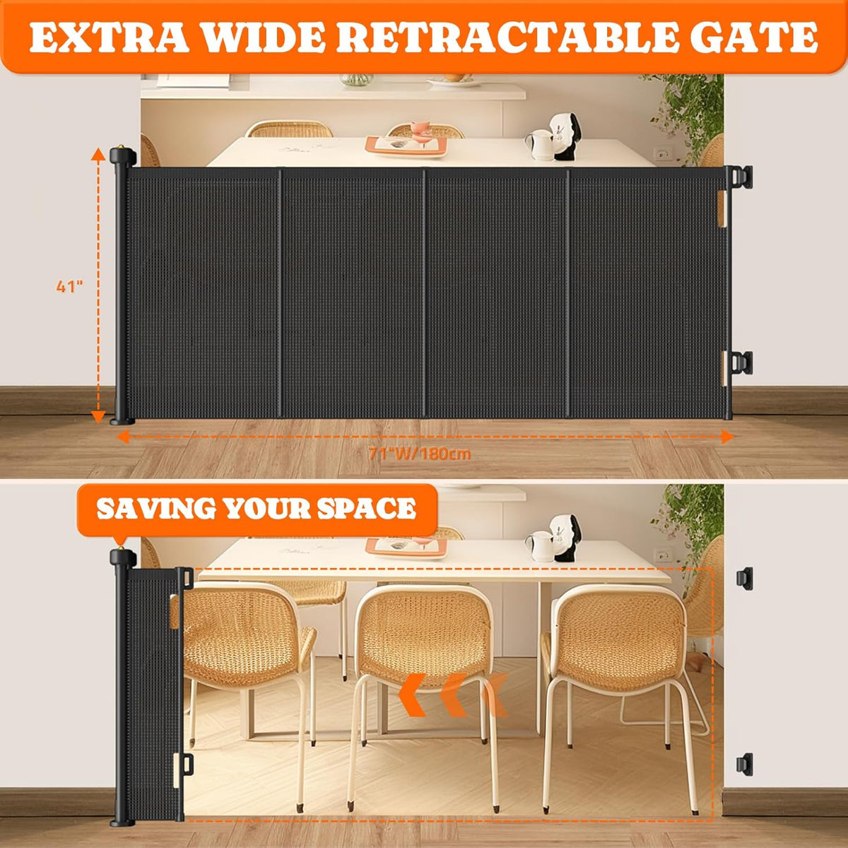 Retractable Baby Gate, 41” Extra Tall Dog Gate for Stairs Doorways