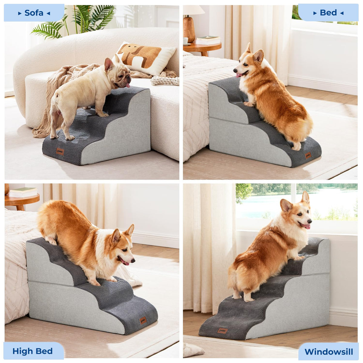 ZOMISIA Dog Stairs Ramp for High Beds Up to 25", 5 Step Pet Stairs Grey