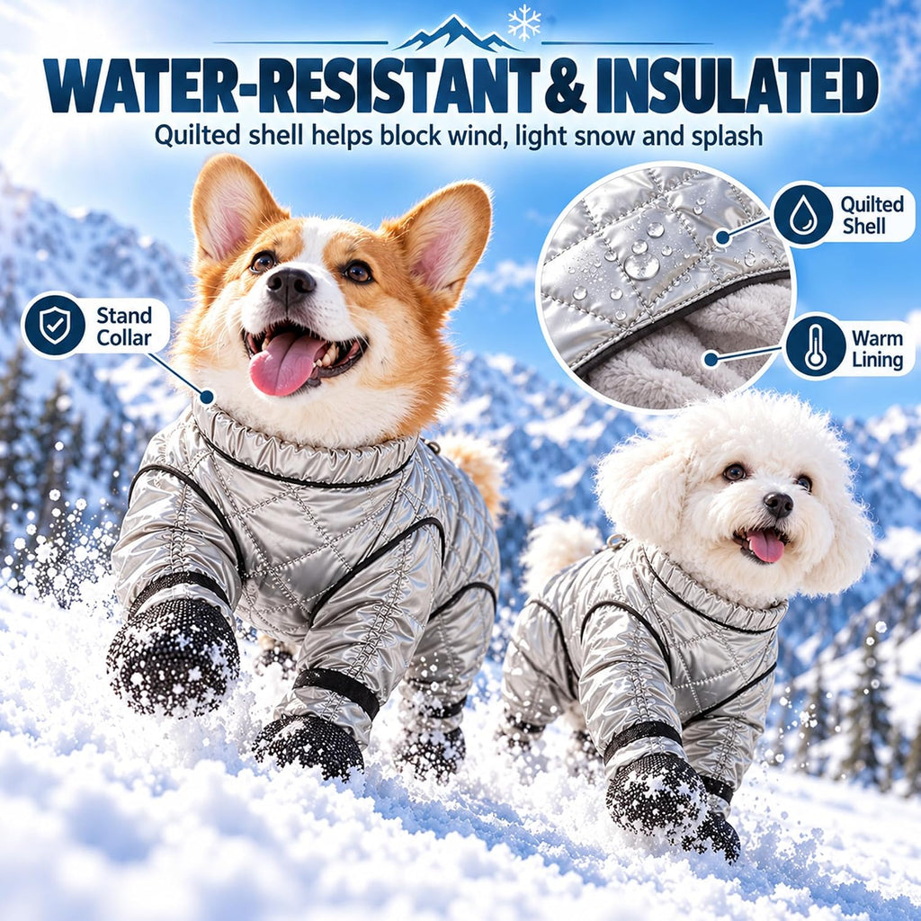 2027 New Dog Snowsuit with Attached Boots Full Body Winter Coat (Silver,Medium)
