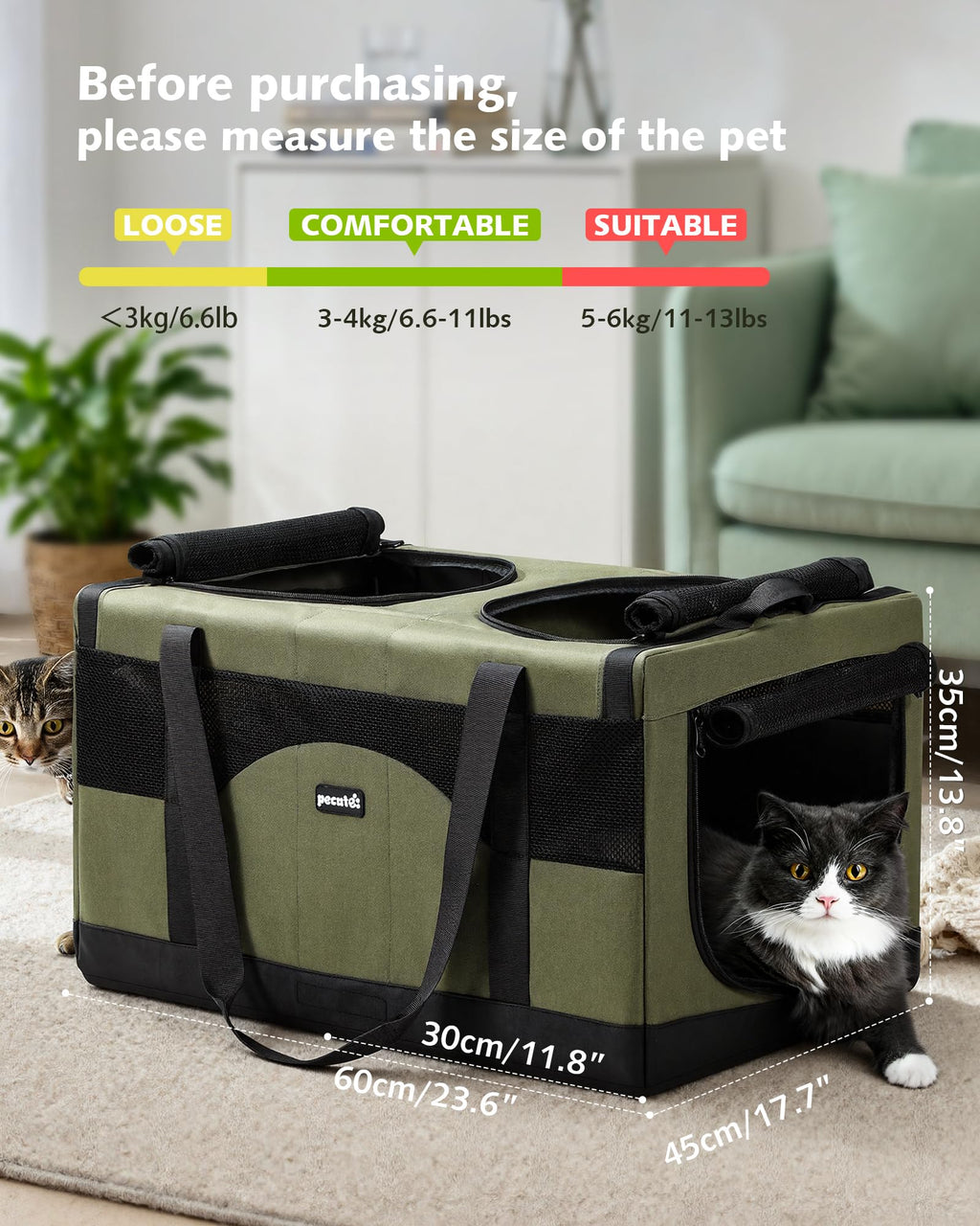 Pecute Large Cat Carrier, Soft Double Pet Crate for 2 Cats Travel, Green