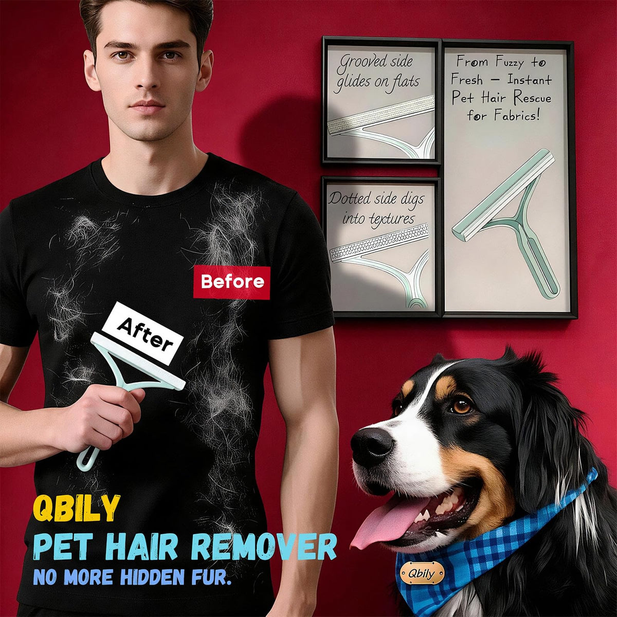 Qbily Pet Hair Remover 2nd Gen (3 Pack) - Reusable Lint Removal Tool for Couch, Carpets, Cat Trees, Car Mats, Furniture, Clothes, Pet Houses, Dog & Cat Hair Scraper Tool with Storage Bag