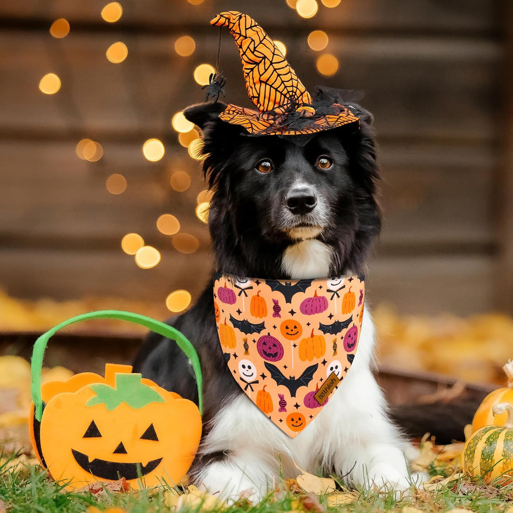 Halloween Dog Bandanas - 2 Pack Purple Dog Bandana with Snap Button | Reversible Pet Scarf for Boy & Girl | Premium Dura