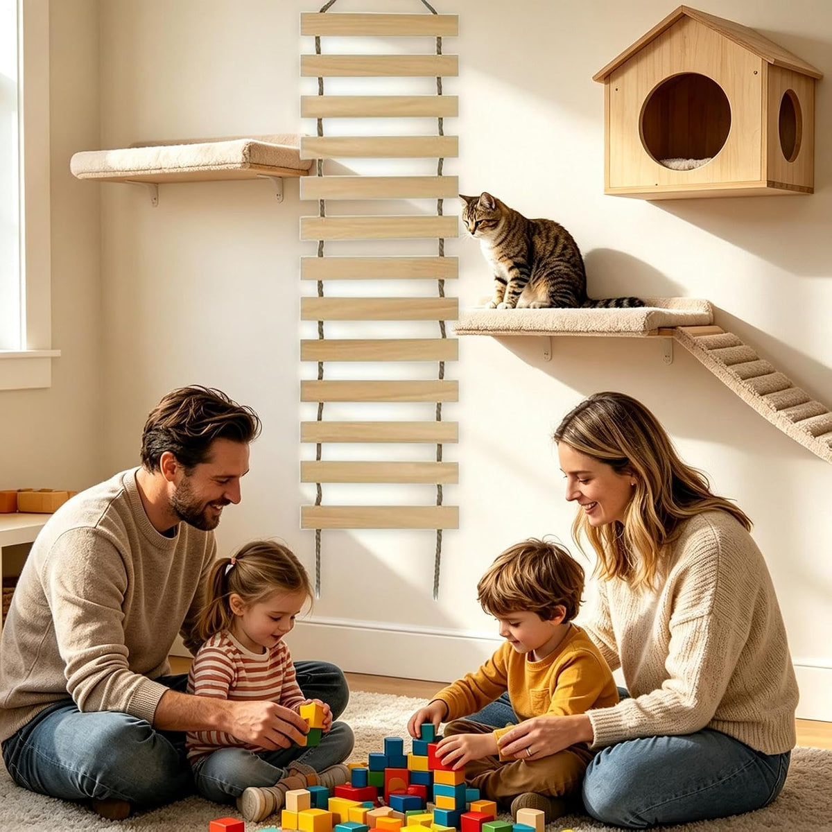 Wall-Mounted Cat Ladder, Wooden Cat Bridge with Multi-Level Steps