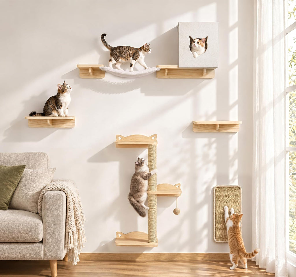 Wood Cat Wall Shelves, 11-in-1 Set, Wall Mounted Cat Shelf, Beige
