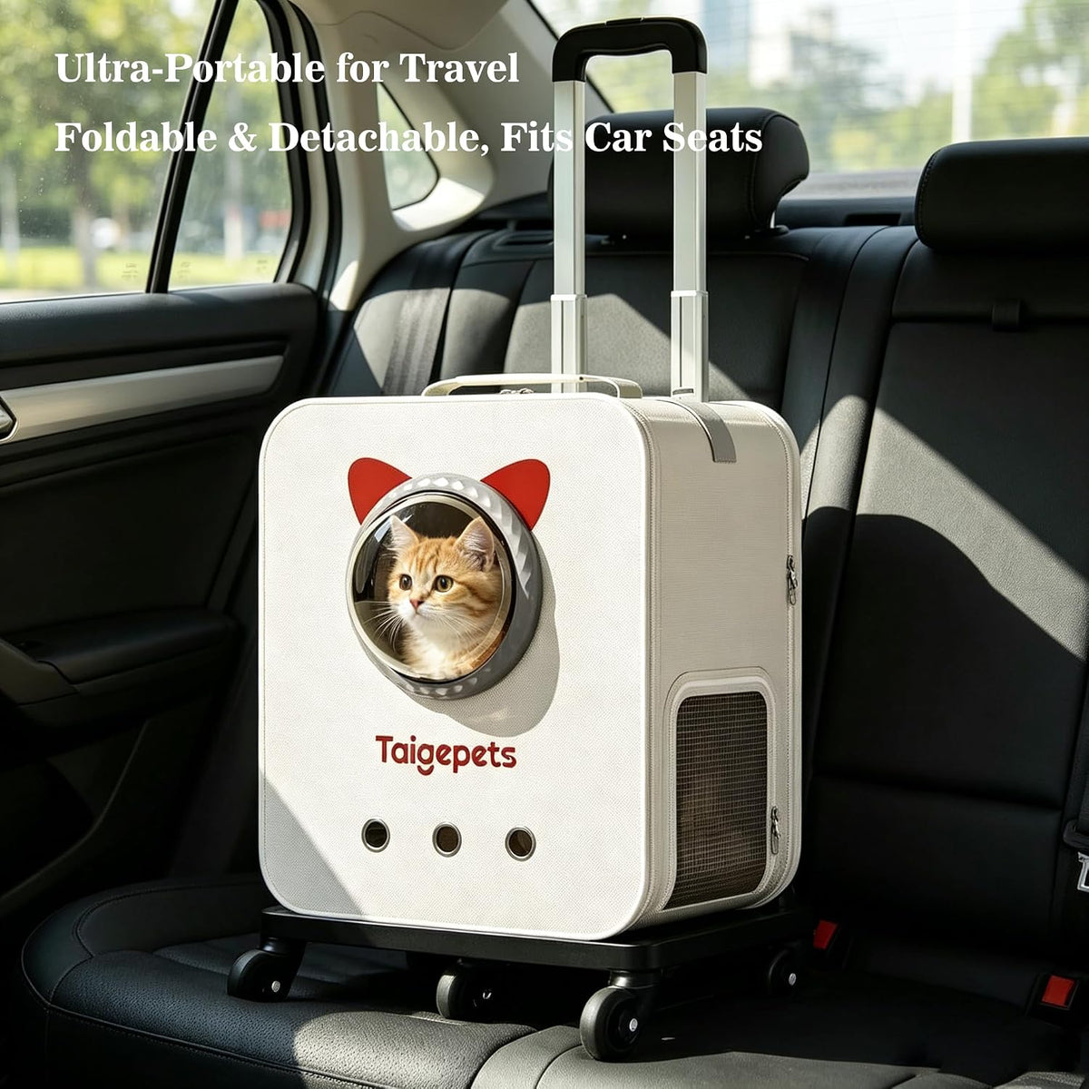 Rolling Cat Carrier Backpack with Wheels, Large Breathable Pet Travel Bag, Lightweight Space Capsule Pet Luggage Carrier