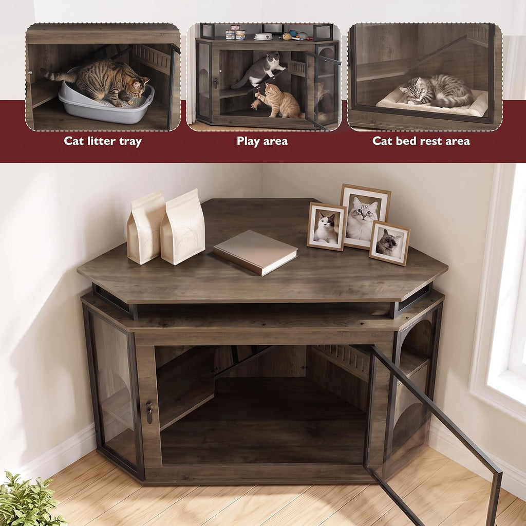 48" Corner Cat Cage Furniture w/2-Tier Shelves, Large Cat House