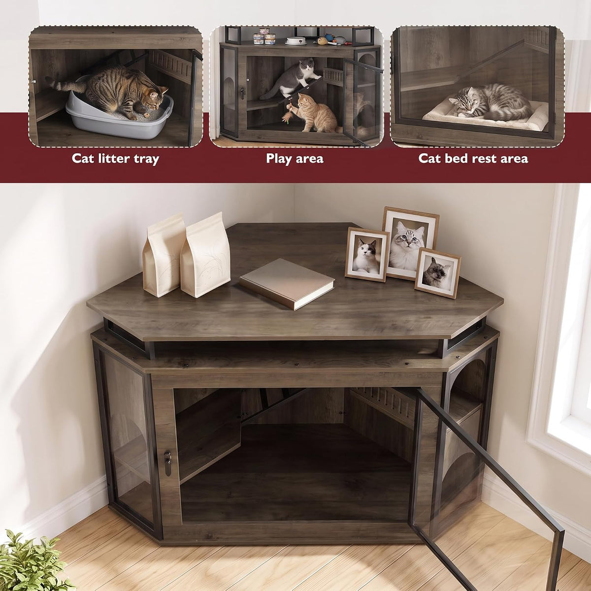 48" Corner Cat Cage Furniture w/2-Tier Shelves, Large Cat House